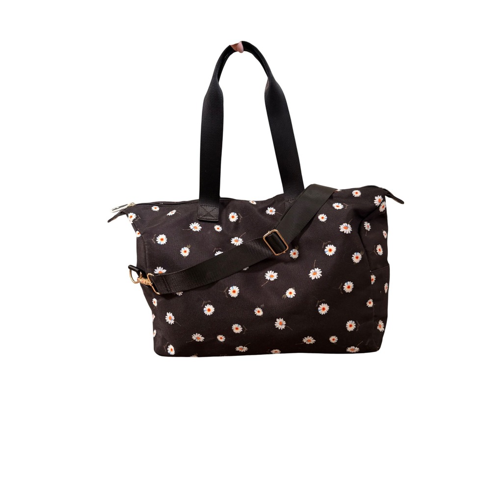 Alice + Olivia Black Daisy Print Canvas Duffel Bag Stace Face Travel Weekend Bag